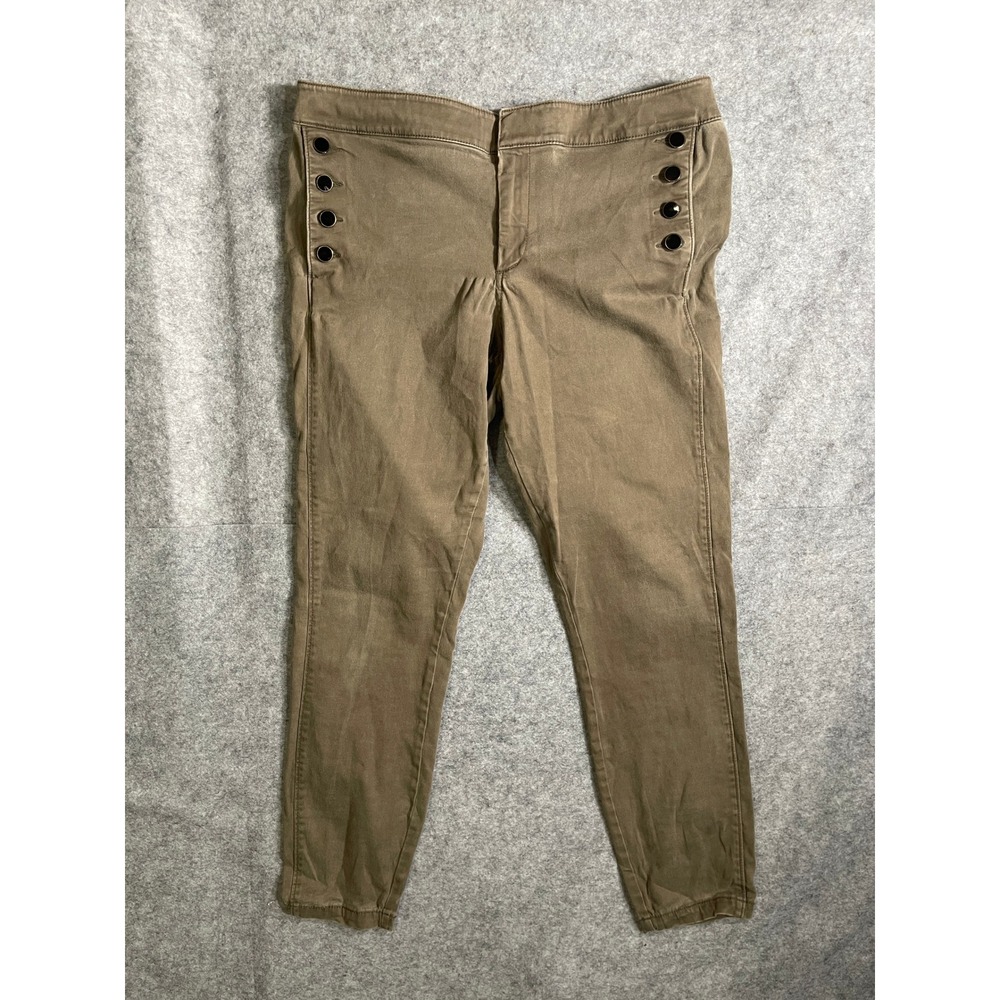 Olive Green Sailor Button Skinny Pants Slim Fit Stretch Trousers Womens 14